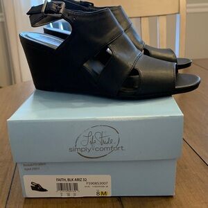 Life Stride Black Leather Wedge Sandals with Ankle Strap